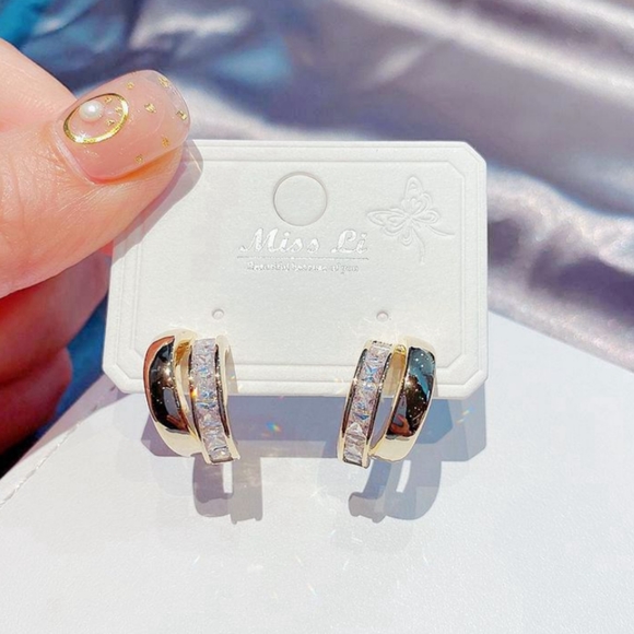 NEW YELLOW GOLD PLATED DIAMOND DOUBLE HOOPS - Picture 2 of 4